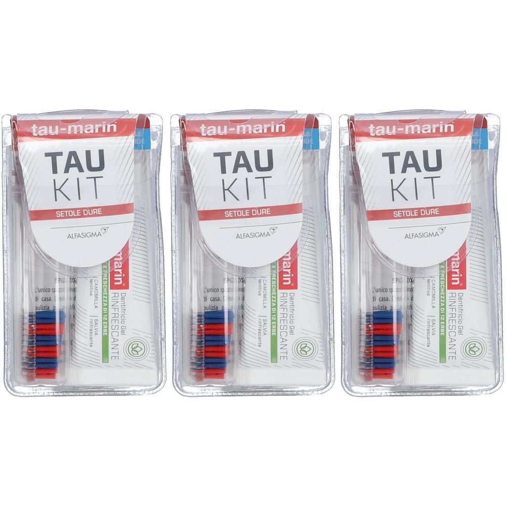 Tre testine per spazzolino Tau Kit in confezione singola. Setole rosse e blu.