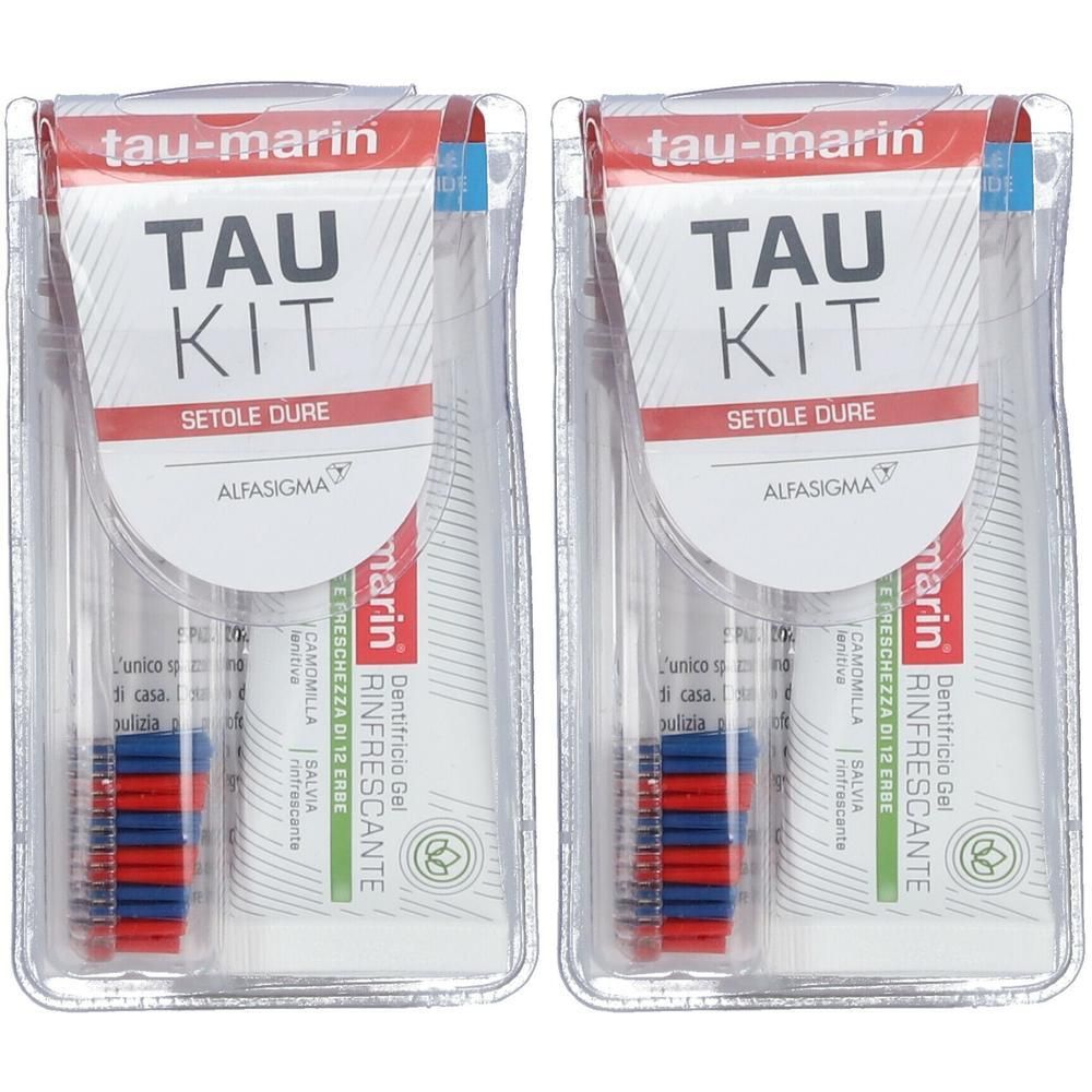 Due set Tau Kit con spazzolino e dentifricio. Setole dure, accenti rossi e blu.