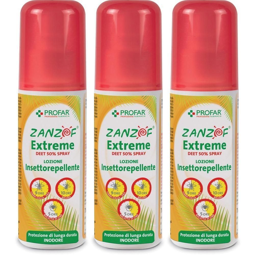 Tre bombolette spray Zanzof Extreme Insettorepellente con 50% DEET.