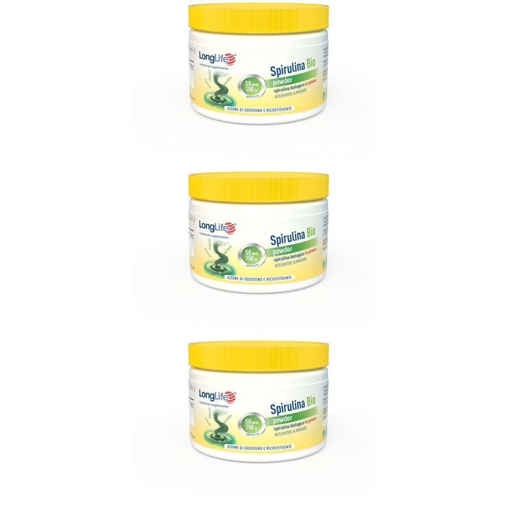 Tre barattoli di polvere Longlife Spirulina Bio con tappi gialli.