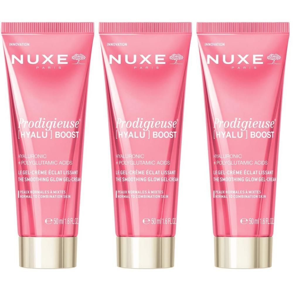 Tre tubetti di crema Nuxe Prodigieuse [Hyalu] Boost con tappo dorato.