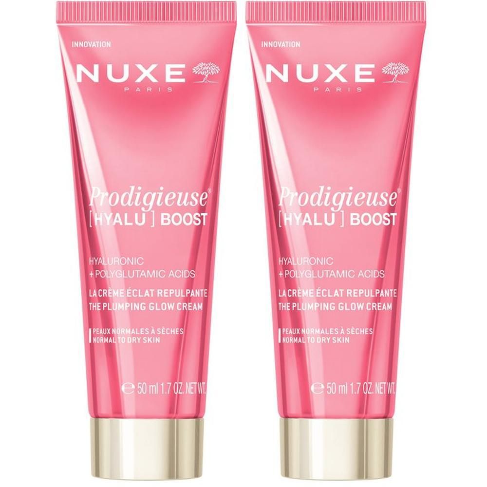 Due tubetti rosa Nuxe Prodigieuse [Hyalu] Boost con tappo dorato. 50 ml.