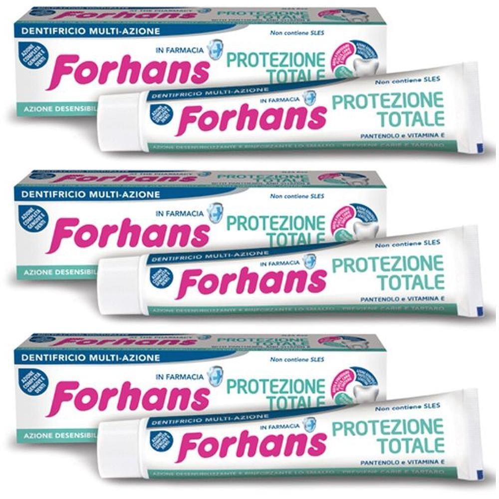 Dentifricio Forhans: Tre tubetti e scatole con scritta 'Protezione Totale'.