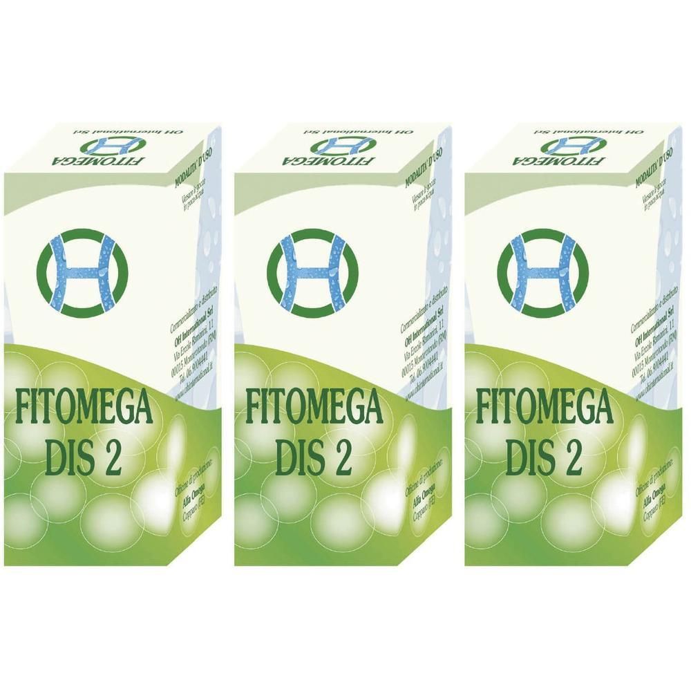 Tre confezioni di Fitomega Dis 2 con logo e nome del prodotto.