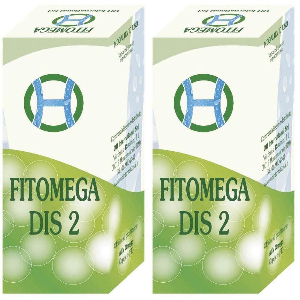 Due confezioni di Fitomega Dis 2 con logo e nome del prodotto.