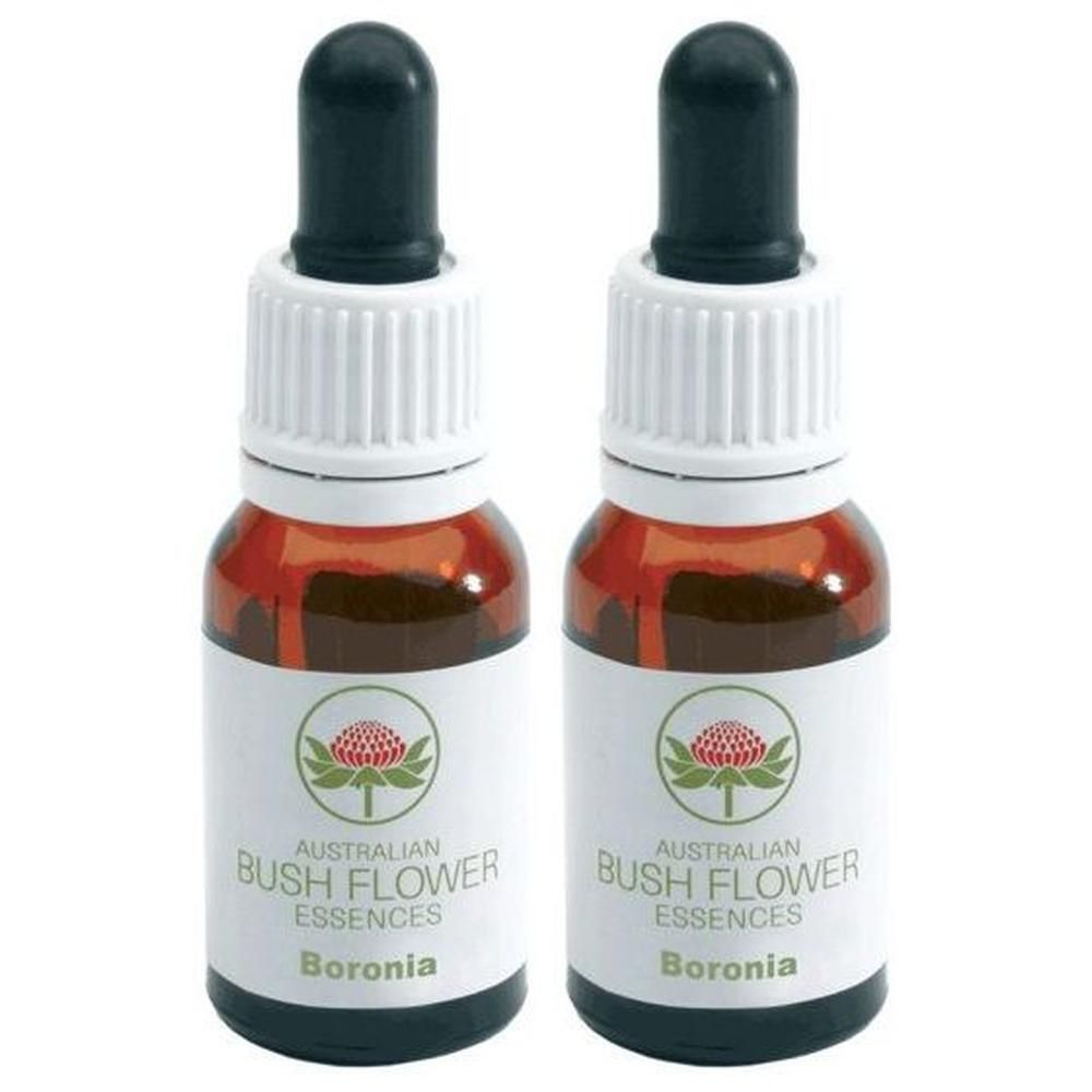 Due flaconi in vetro ambrato con contagocce, etichetta "Australian Bush Flower Essences Boronia".