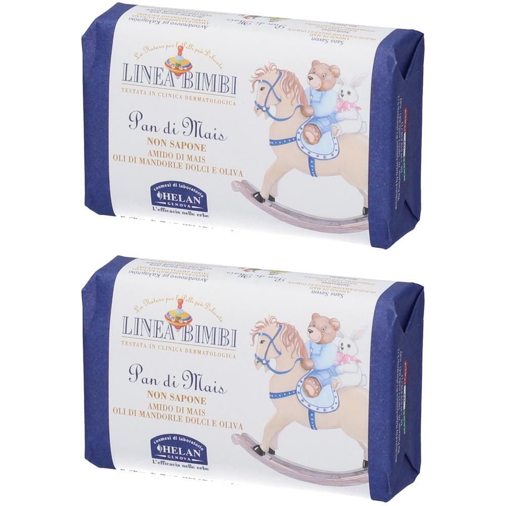 Due confezioni di sapone "Linea Bimbi Pan di Mais" con orsetto e coniglietto su cavallo a dondolo.