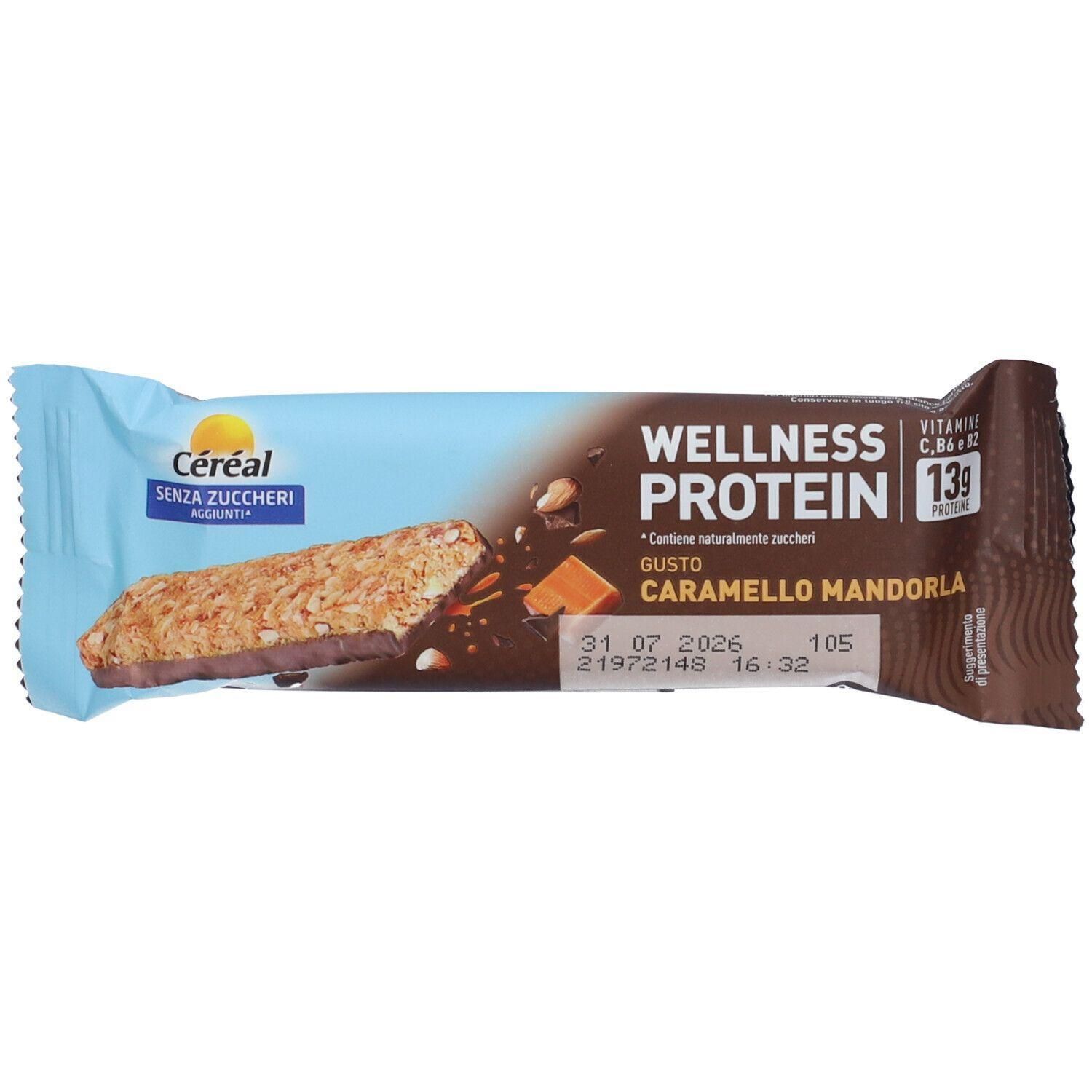 Barretta Céréal Wellness Protein Caramello Mandorla, senza zuccheri.