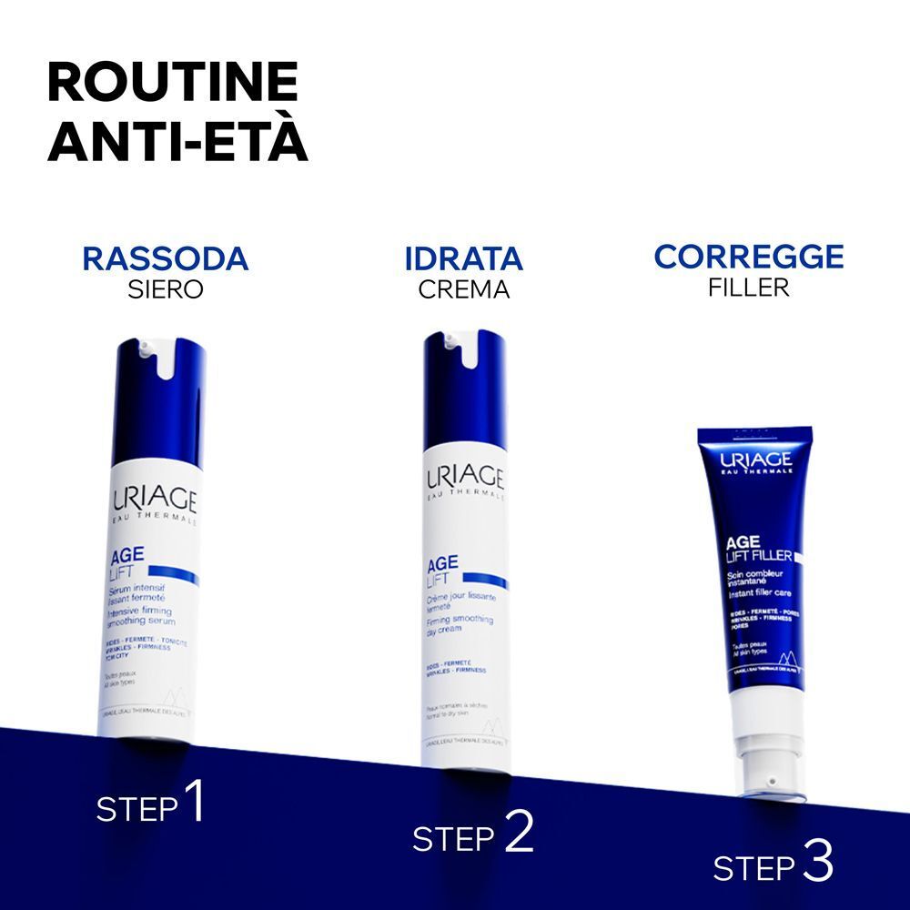 Tre passaggi della routine anti-età: siero, crema, filler.