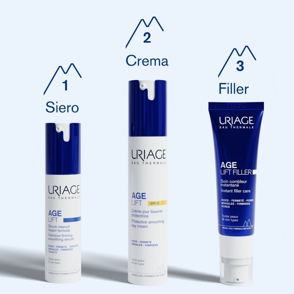 Tre prodotti: siero, crema giorno SPF, crema filler per routine anti-età.