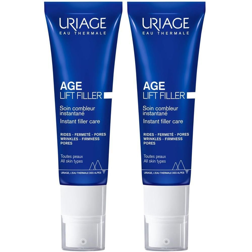 Due tubetti di Uriage Age Lift Filler Crema, etichetta blu, tappo bianco.
