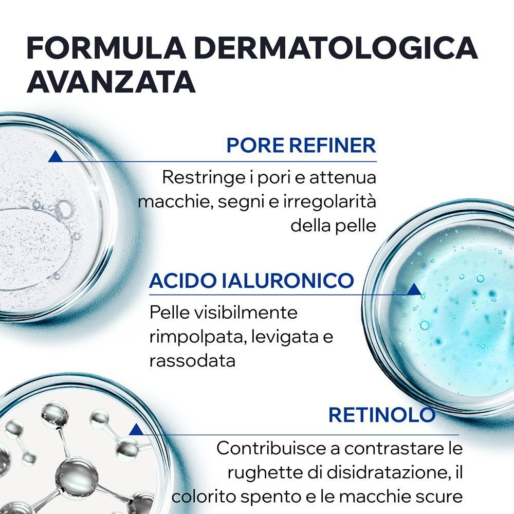 Formula con Pore Refiner, Acido Ialuronico e Retinolo.