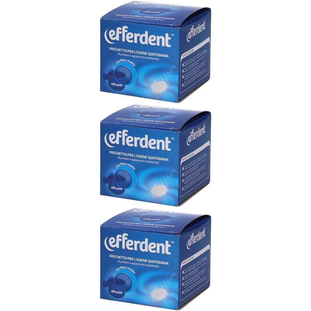 Tre confezioni blu Efferdent di pastiglie per la pulizia delle protesi dentarie.