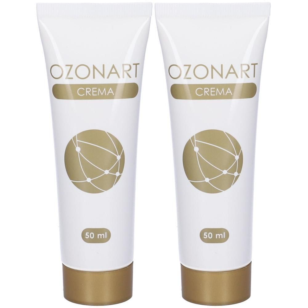 Due tubetti bianchi Ozonart Crema con tappo dorato e simbolo circolare. 50 ml.