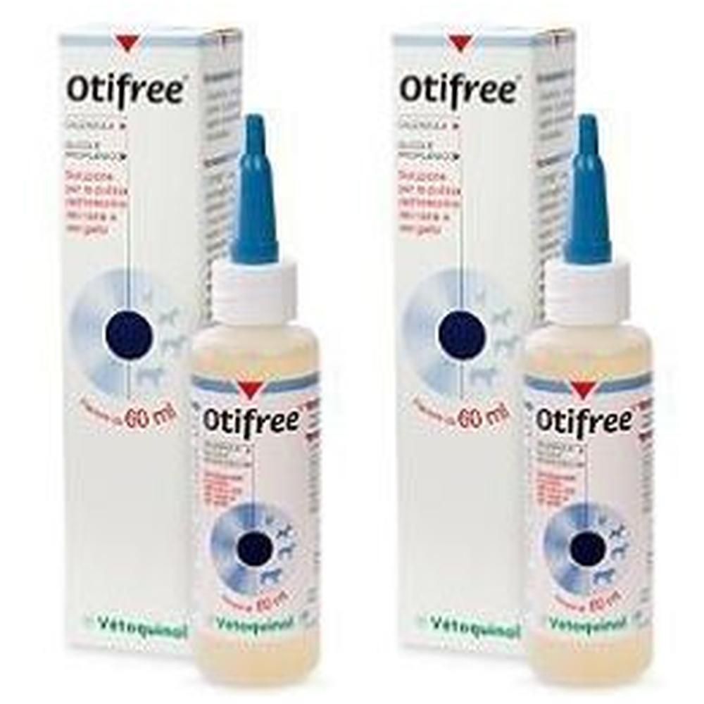 Due flaconi Vetoquinol Otifree, 60 ml ciascuno, con scatole.