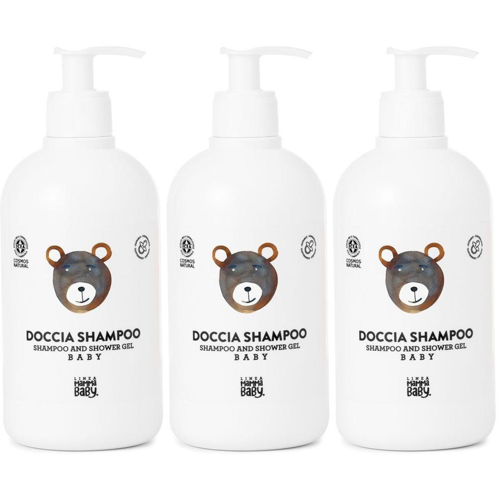 Tre flaconi bianchi con dispenser a pompa e disegno di orso, etichettati 'DOCCIA SHAMPOO BABY'.