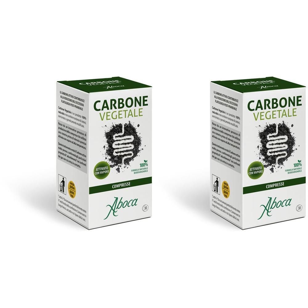 Due confezioni di Aboca Carbone Vegetale compresse con simbolo intestinale e logo Aboca.