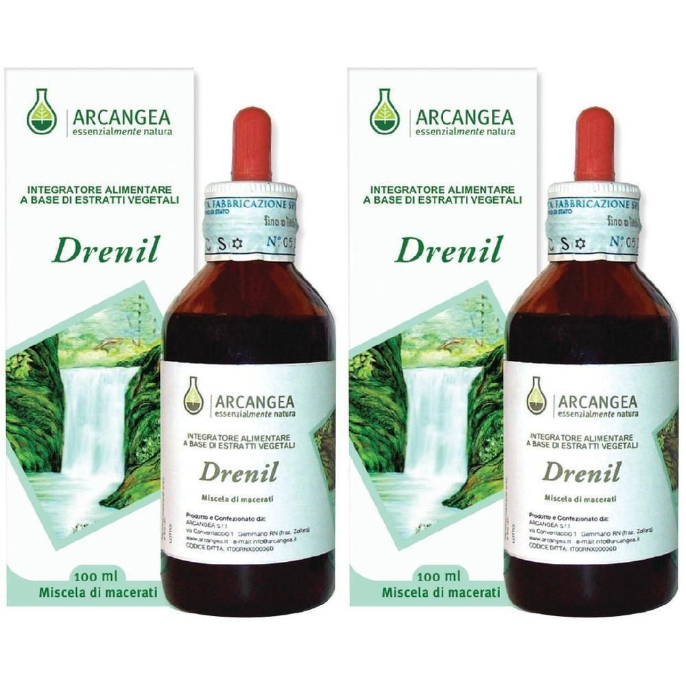 Due flaconi di Drenil con tappo contagocce e scatola. La confezione mostra una cascata.