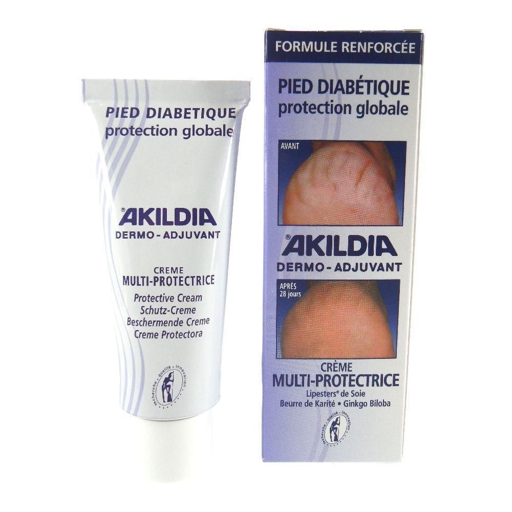 Tubo e scatola Akildia Crema Multi-Protectrice per piedi diabetici.