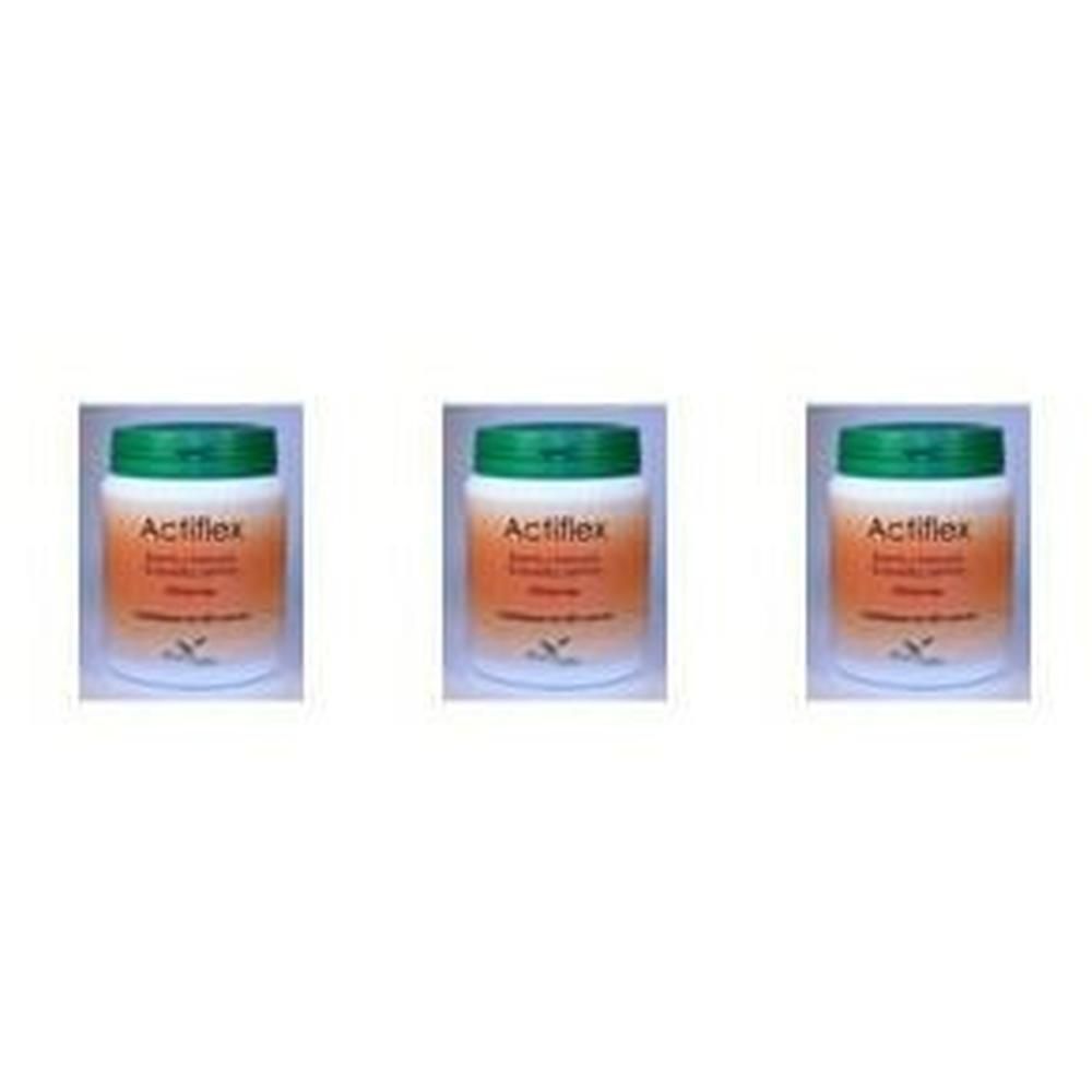 Tre contenitori di capsule Actiflex con tappi verdi ed etichette arancioni.