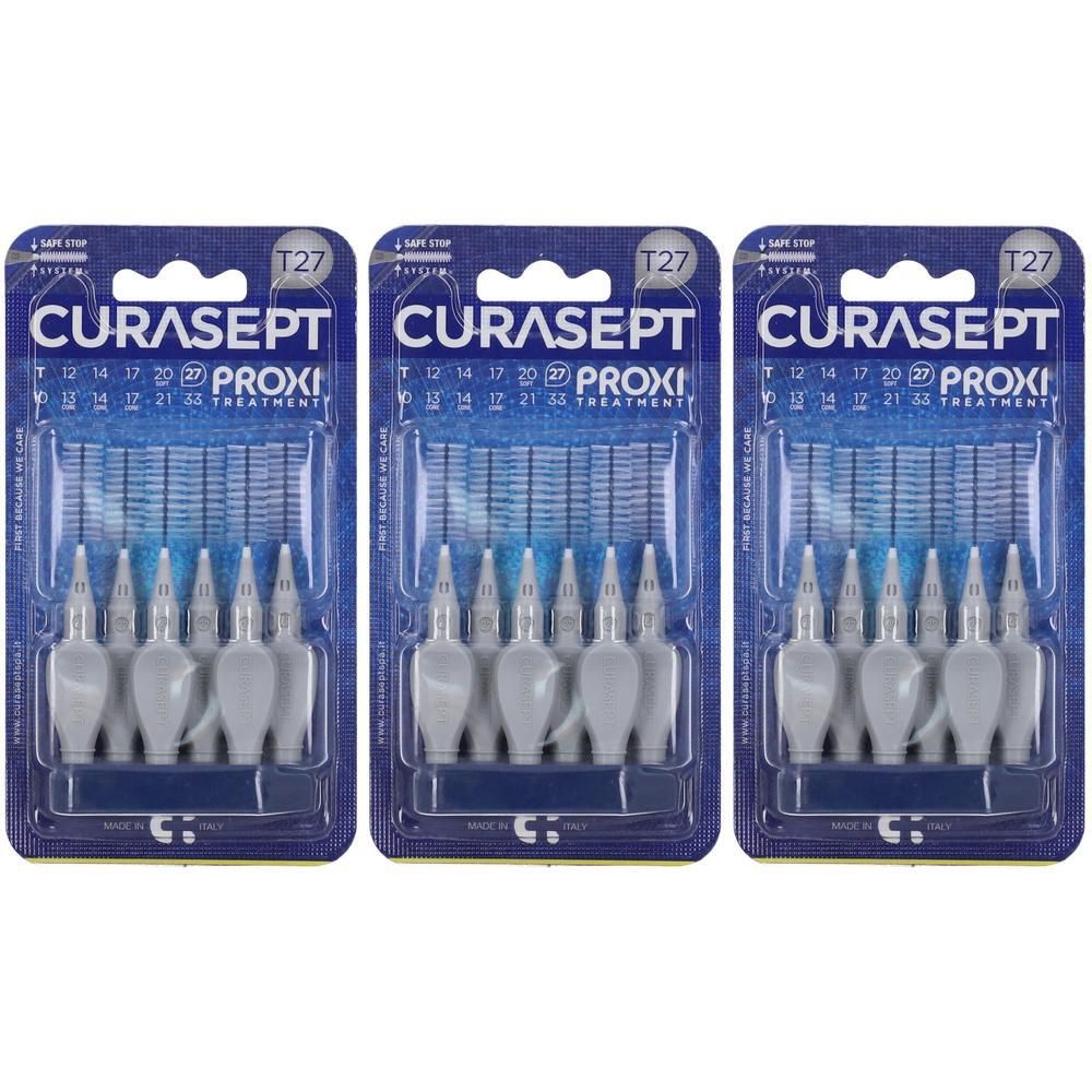 Tre confezioni di spazzolini interdentali Curasept Proxi T27, 27 pezzi per confezione. Spazzolini grigi con setole blu in blister.