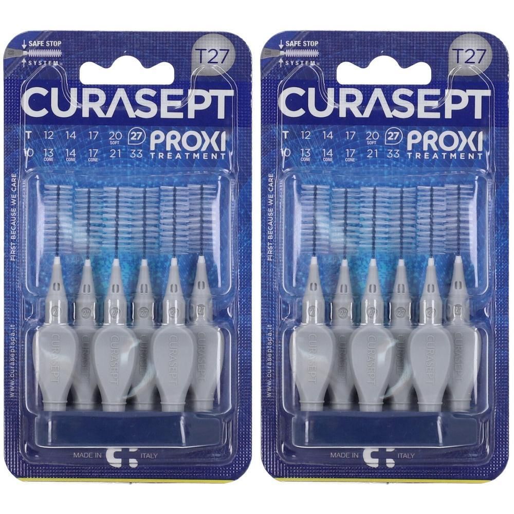 Due confezioni di spazzolini interdentali Curasept Proxi T27. Manici grigi, setole blu. Misura 27.