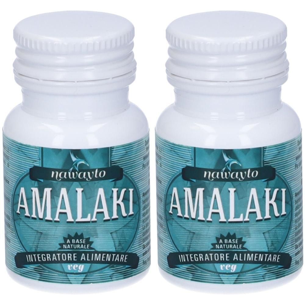 Due flaconi di integratore alimentare Amalaki con tappi ed etichette bianchi.