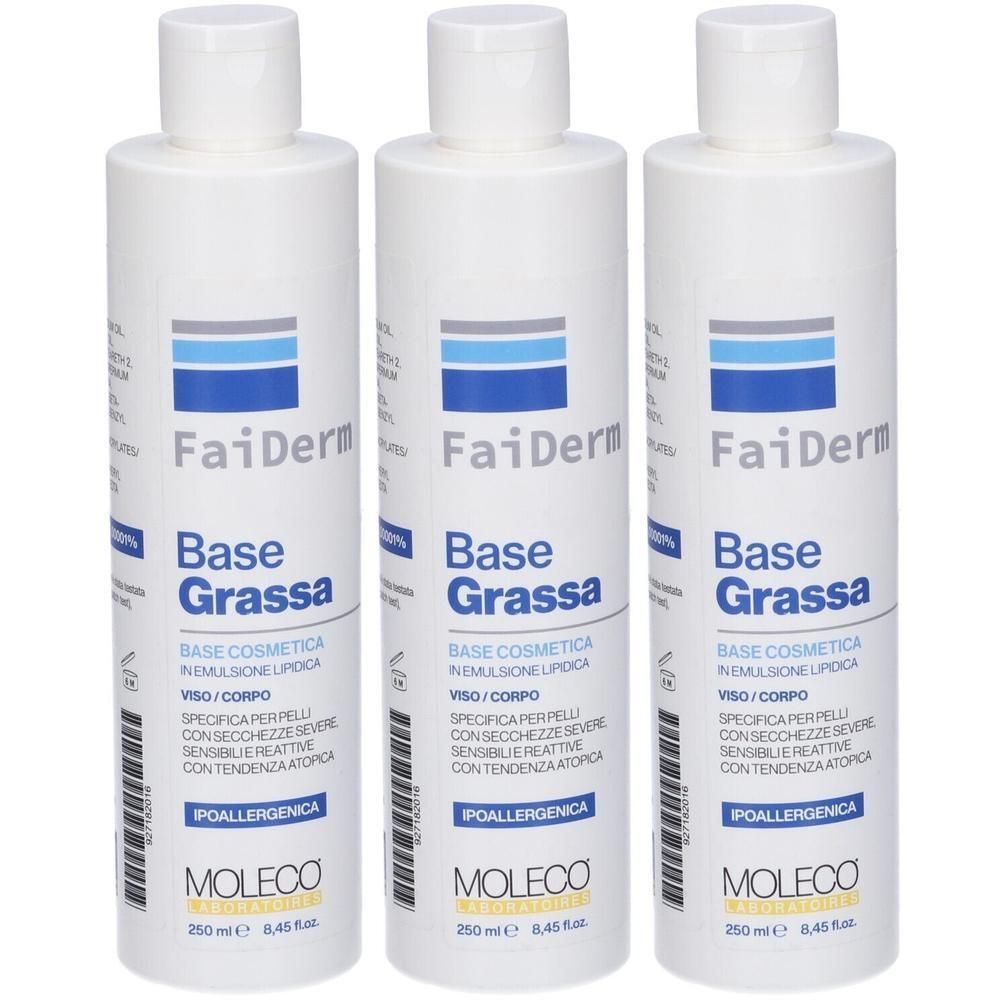 Tre flaconi bianchi FaiDerm Base Grassa, 250 ml.