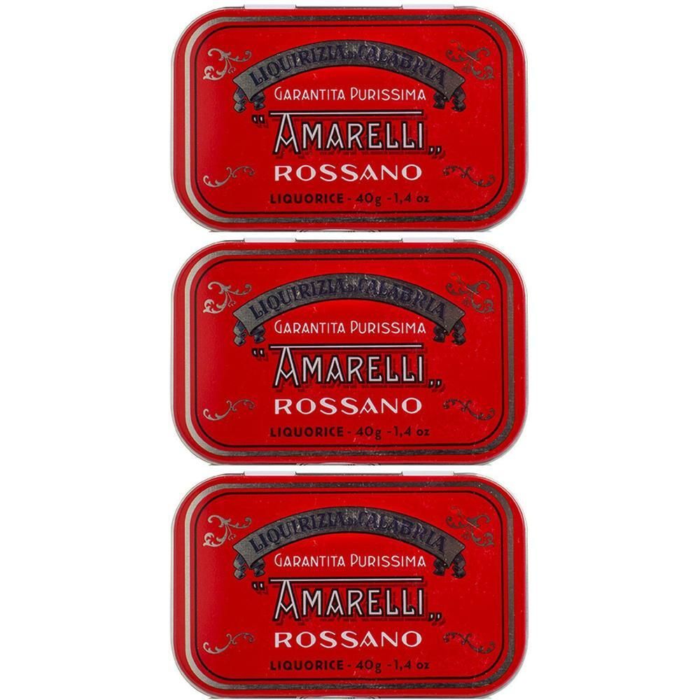 Tre scatole rosse di liquirizia Amarelli Rossano, 40g.