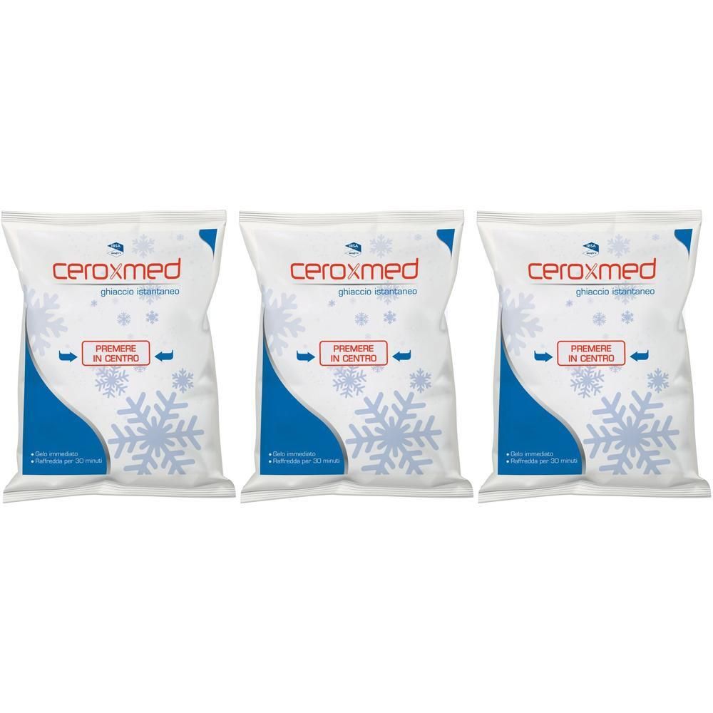 Tre buste di ghiaccio istantaneo, bianche con accenti blu e motivo a fiocchi di neve.