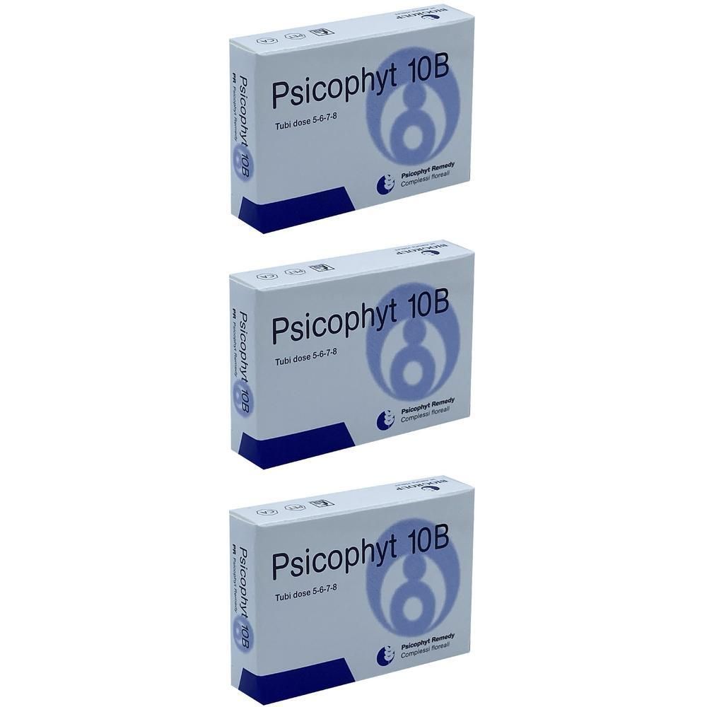 Tre confezioni di Psicophyt 10B con Tubi-dose 5-6-7-8. Confezione blu e bianca con logo.