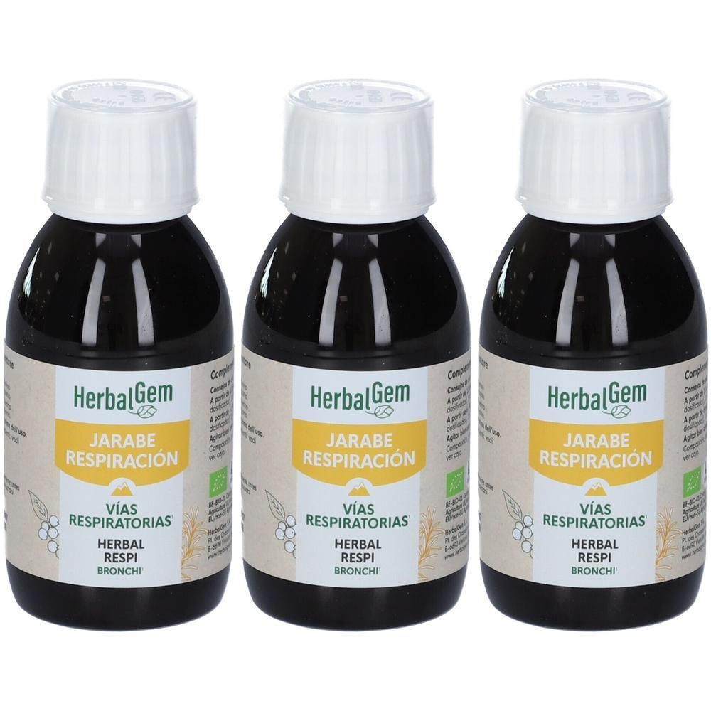 Tre flaconi di sciroppo Herbalgem Herbal Respi Bronchi con tappi a vite bianchi. Liquido scuro visibile.