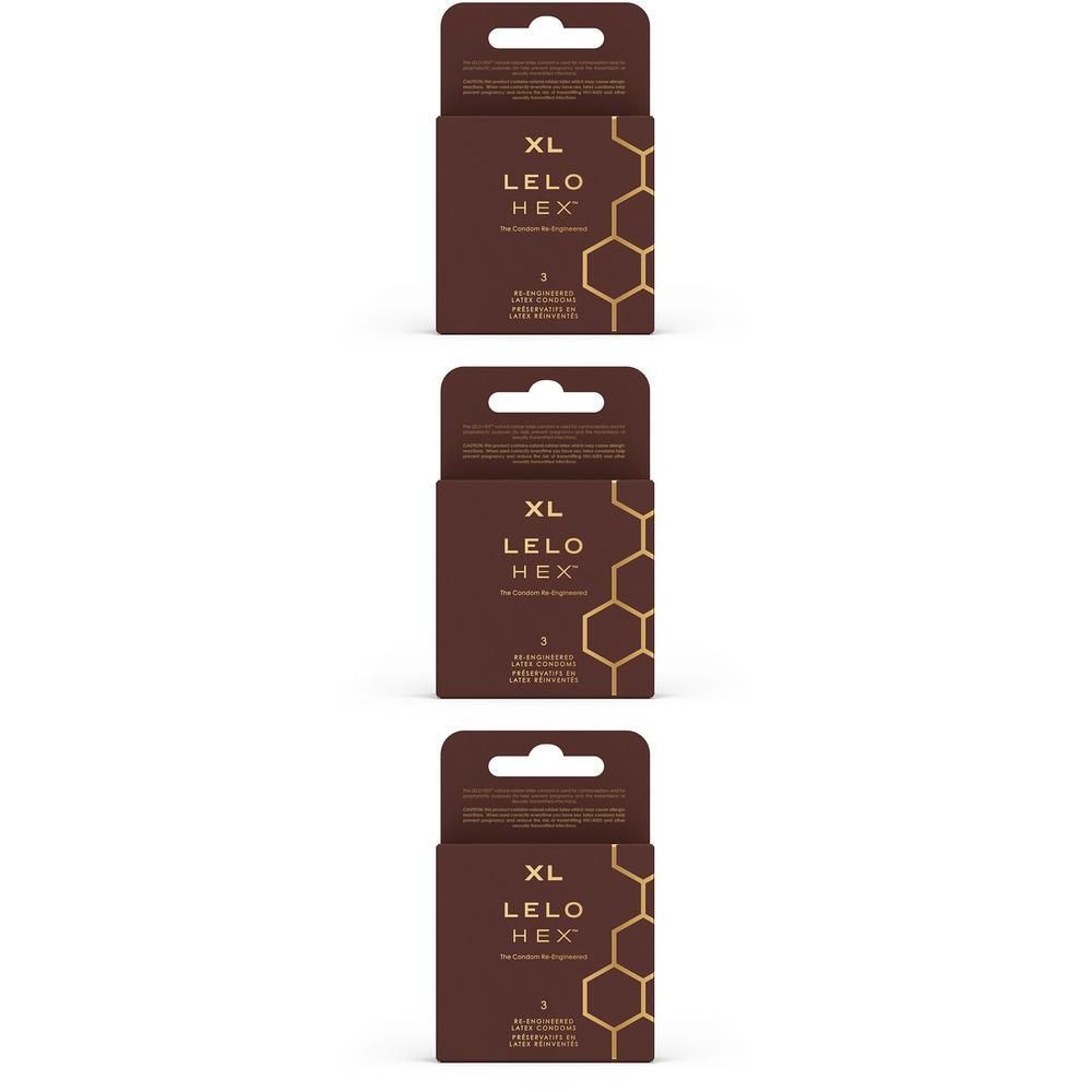 Tre confezioni di Lelo HEX Preservativi Respect XL con foro per appenderle.