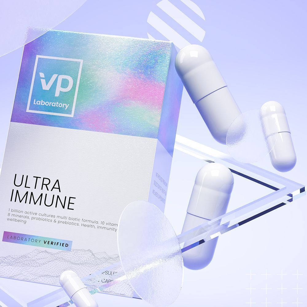 Scatola VP Laboratory Ultra Immune con capsule e forme geometriche.