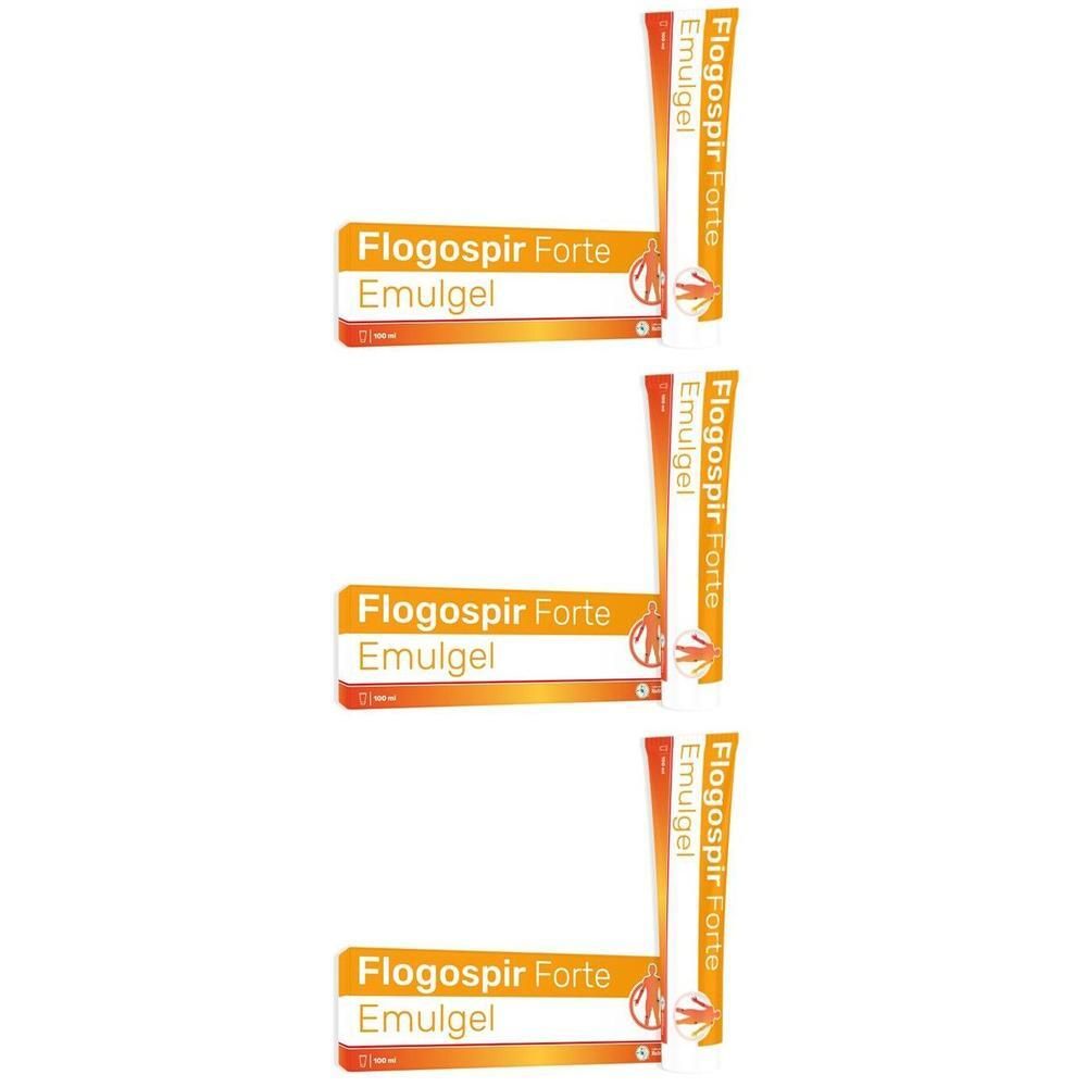 Tre confezioni di Flogospir Forte Emulgel, confezione bianco-arancio con nome del prodotto.