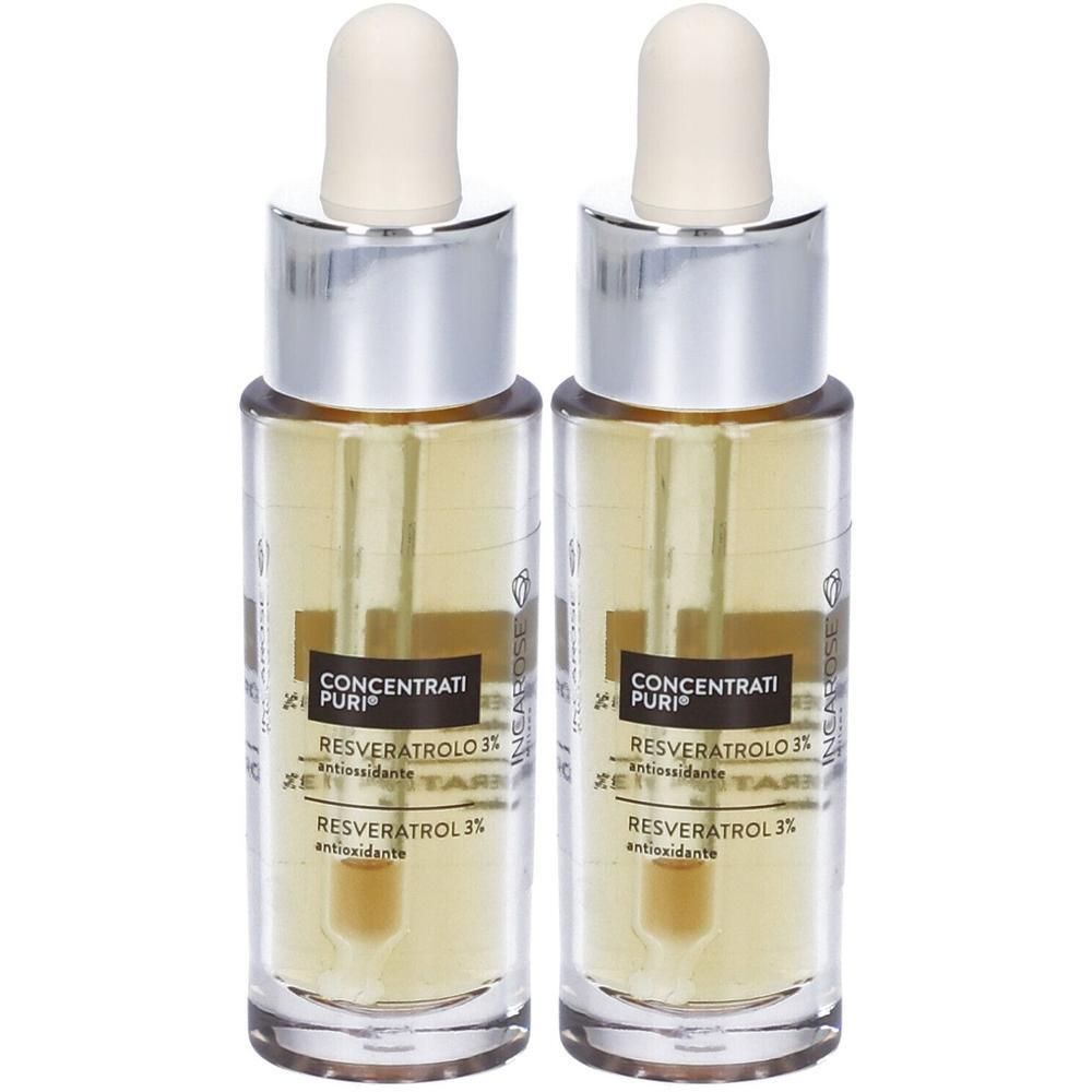 Due flaconi in vetro con contagocce, riempiti di liquido giallo. Etichetta con "Resveratrol 3%" e "antioxidante".