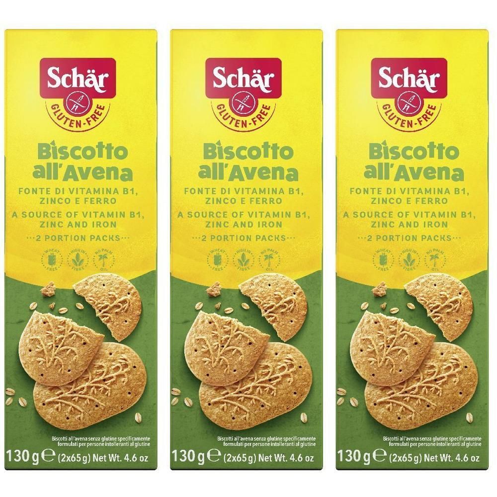 Tre confezioni di Biscotti all'Avena Schär, senza glutine, fonte di Vitamina B1, Zinco e Ferro.