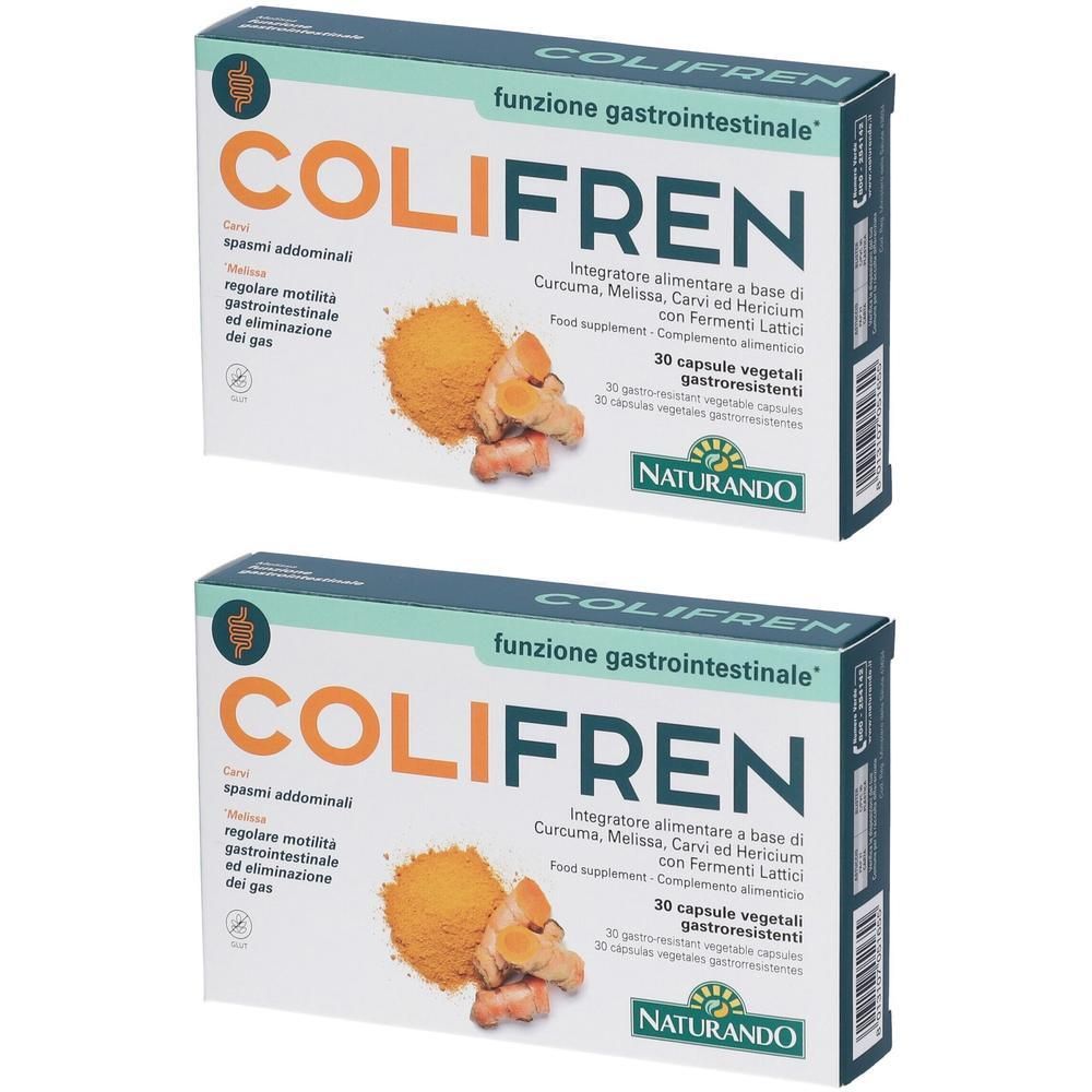 Due confezioni di Colifren da 30 capsule vegetali. Immagine di curcuma.