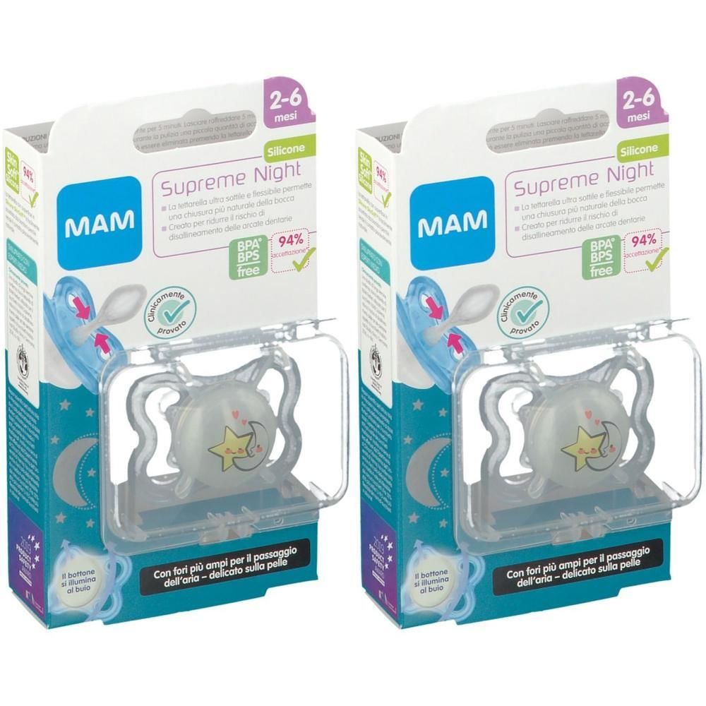 Due succhietti MAM Supreme Night in silicone per neonati da 2-6 mesi in confezione.