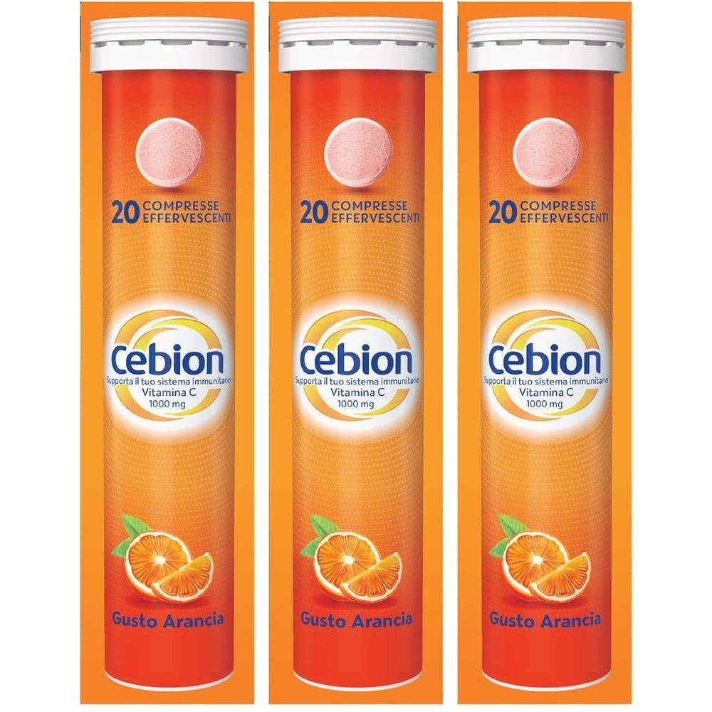 Tre tubi di Cebion Compresse Effervescenti gusto Arancia, 20 compresse ciascuno.