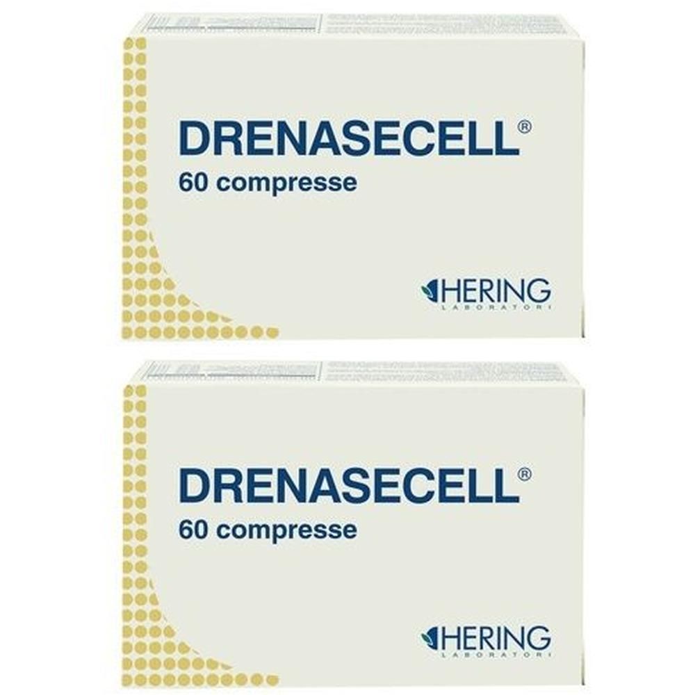 Due confezioni di Drenasecell da 60 compresse ciascuna, con logo Hering Laboratori.