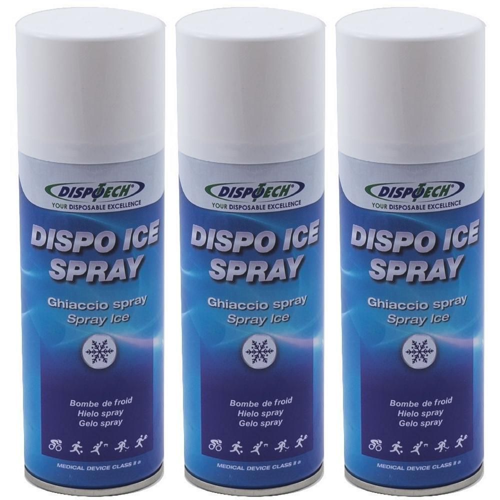 Tre bombolette spray DISPO ICE SPRAY con simbolo fiocco di neve. Dispositivo medico classe II.