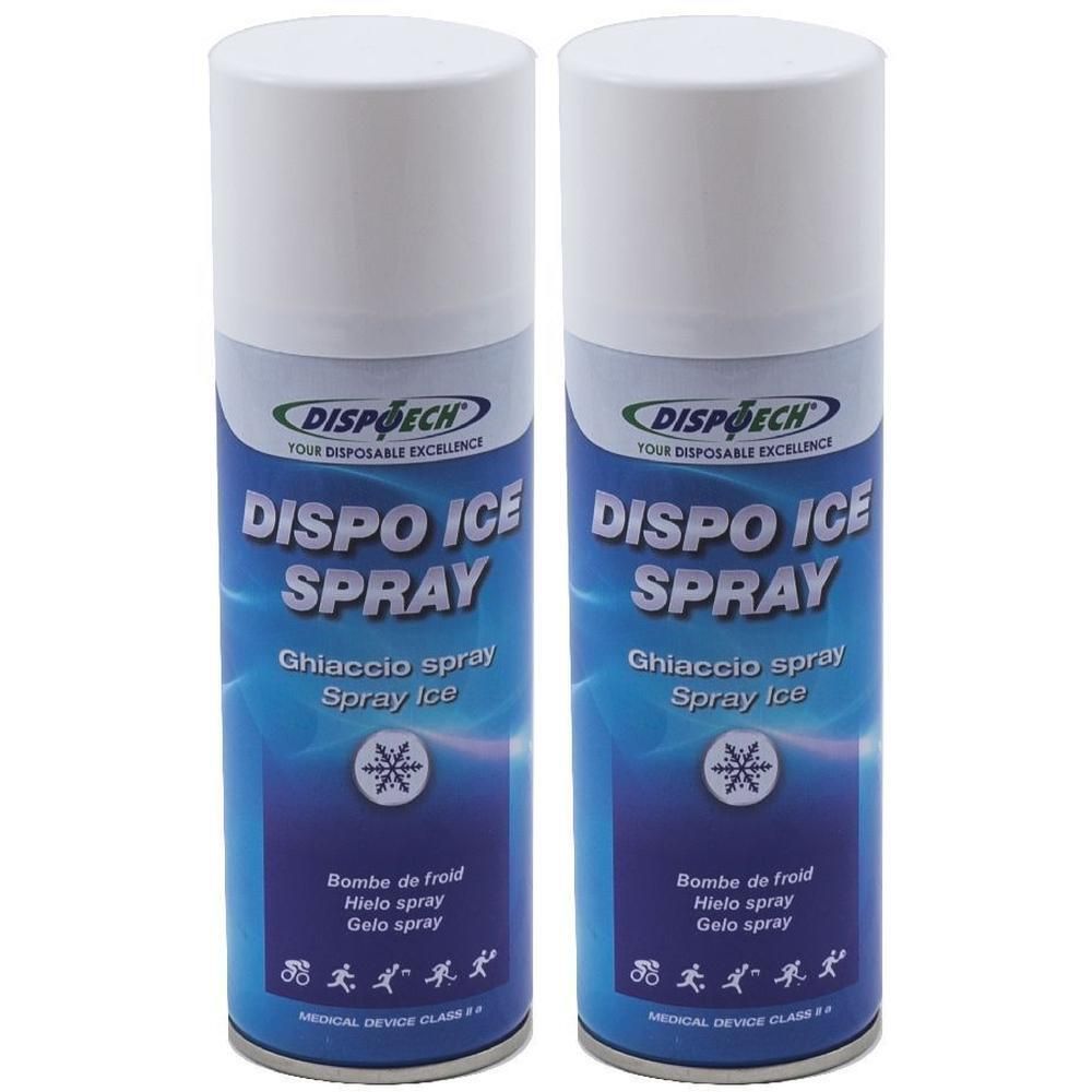 Due bombolette spray con scritta DISPO ICE SPRAY e simbolo fiocco di neve.