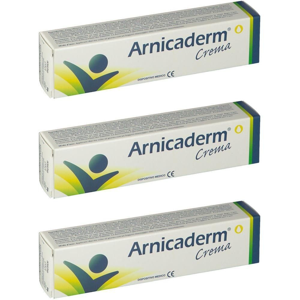 Tre confezioni di Arnicaderm® Crema con logo e marchio CE.