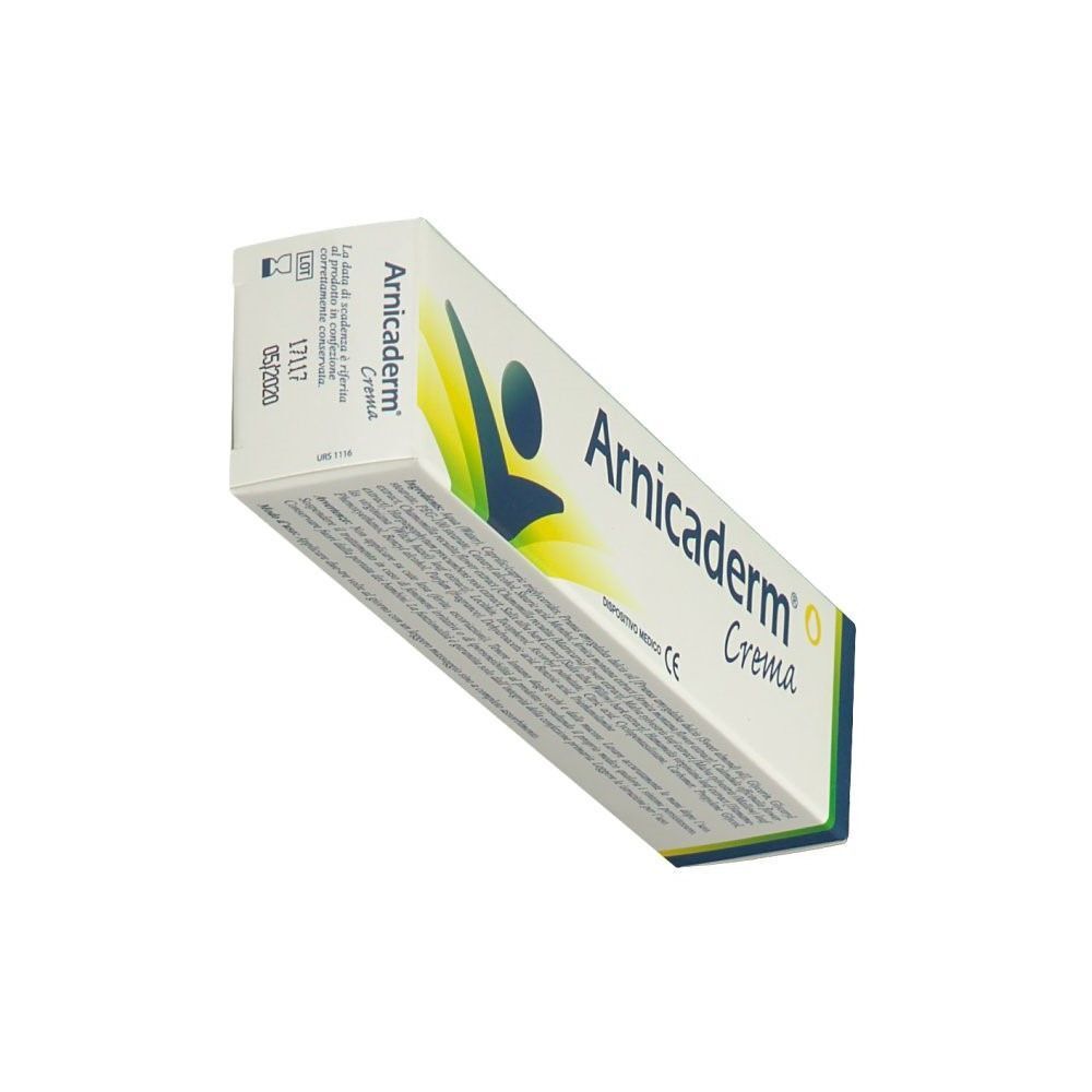 Confezione di Arnicaderm® Crema, vista di tre quarti posteriore, con logo e marchio CE.