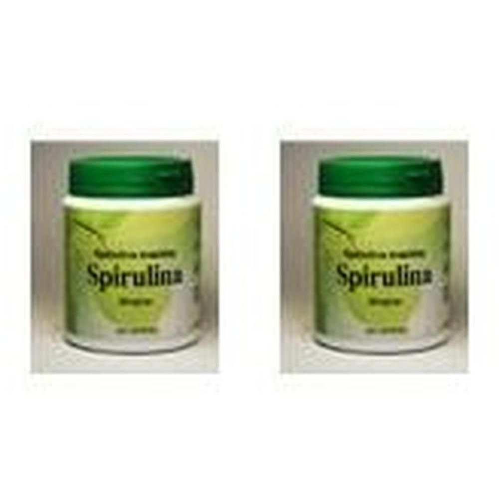 Due contenitori di integratori di spirulina, ciascuno con tappo ed etichetta verdi.