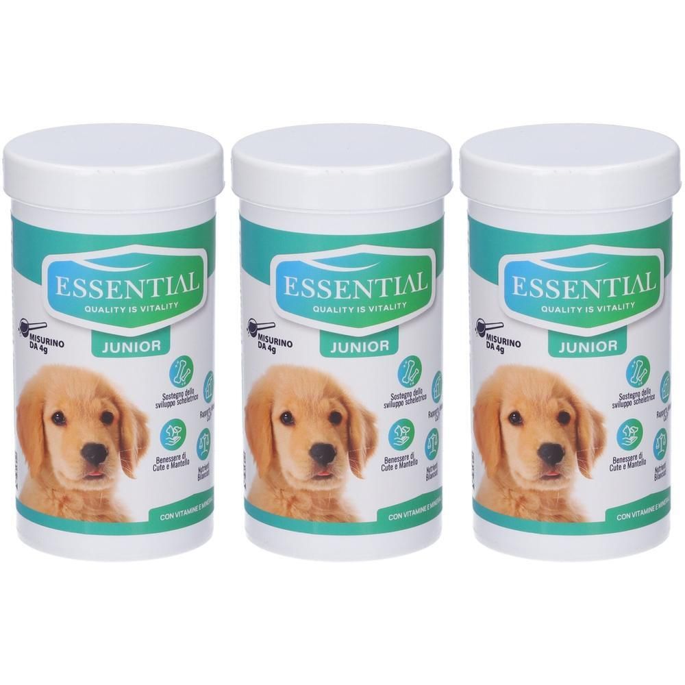 Tre barattoli di cibo per cuccioli "Essential Junior" con immagine di cucciolo. Barattoli bianchi con fascia verde.