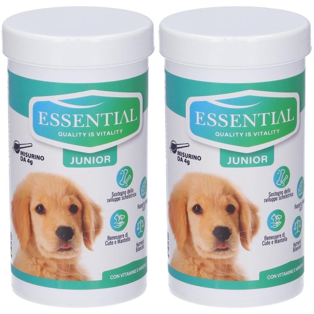 Due barattoli "ESSENTIAL JUNIOR" per cuccioli con immagine di cucciolo. Contiene vitamine.