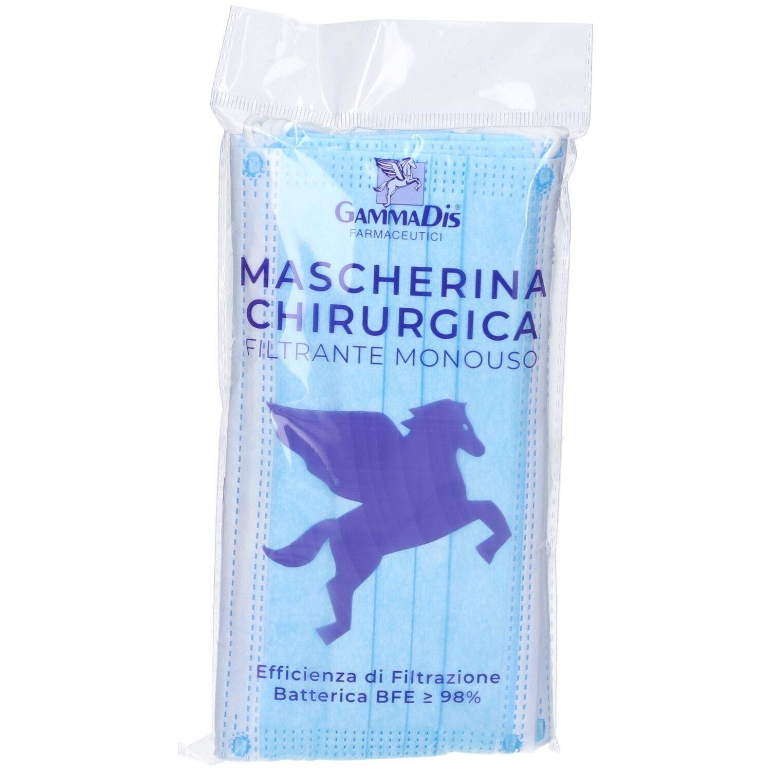 Confezione da 10 mascherine chirurgiche blu con logo Pegaso e indicazione efficienza filtrazione.
