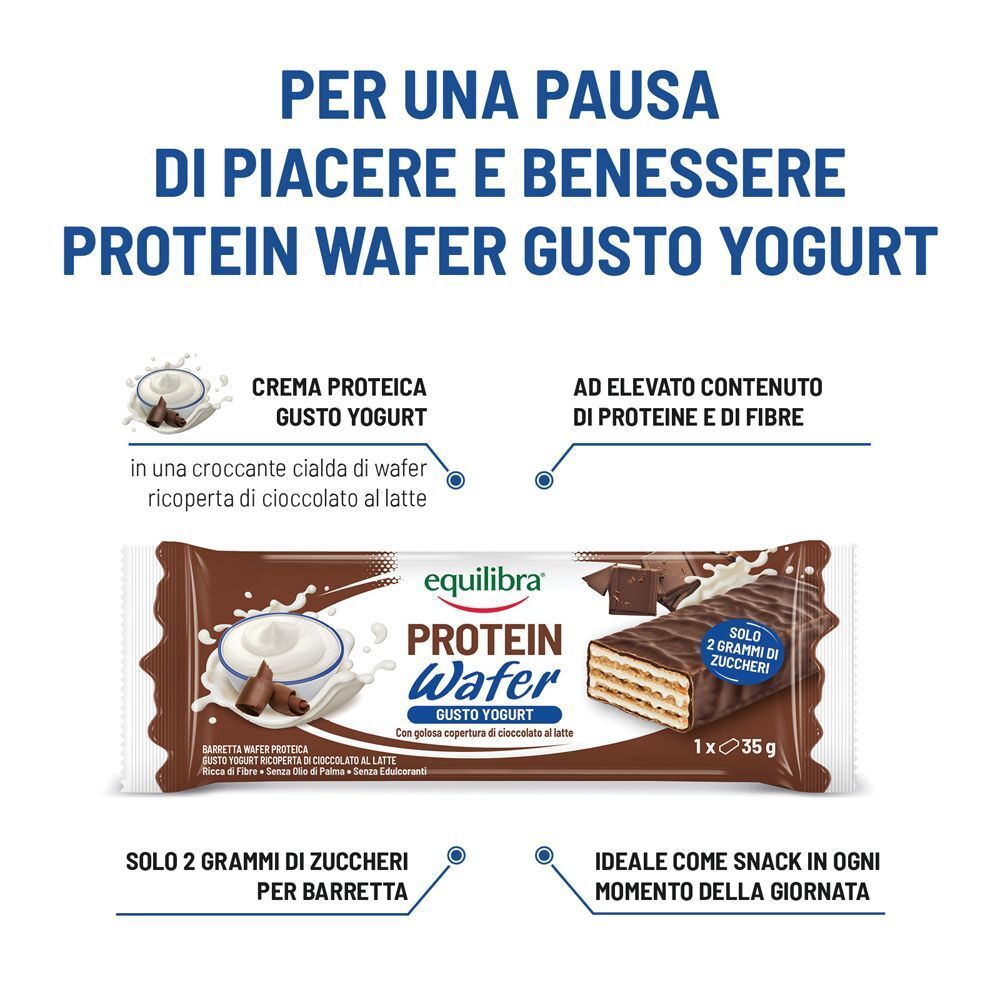 Equilibra Protein Wafer Yogurt: pausa piacere, ricca di proteine e fibre, pochi zuccheri.